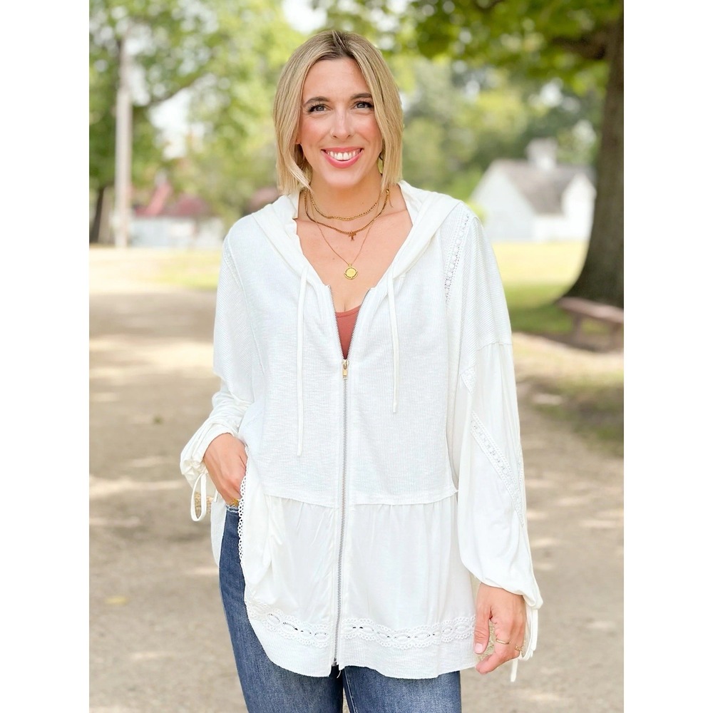 POL Oversized Beachy Lace Trim Full Zip Hoodie White Balloon Sleeve Boho M Light - Picture 2 of 13
